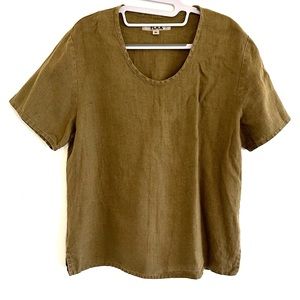 FLAX 100% LINEN Short Sleeve Army Green Top Medium